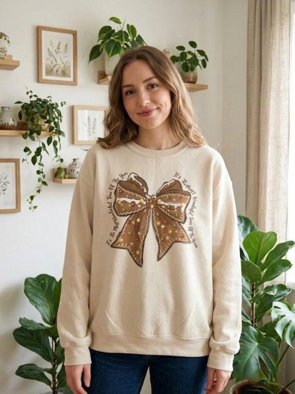 Gingerbread Bow Christmas Sweatshirt Holiday Graphic Cozy Crewneck Tee